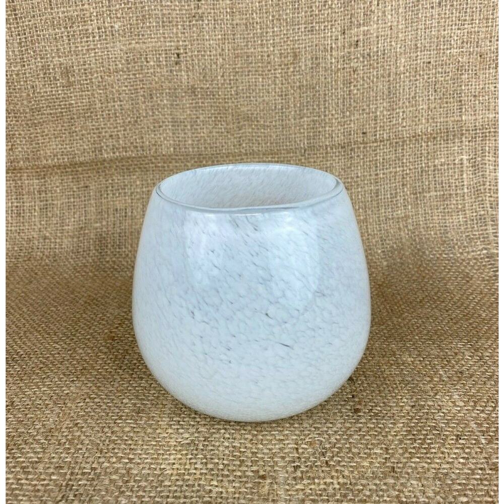 HQT Hand Blown Art Glass Vase Bowl with White Swirls
